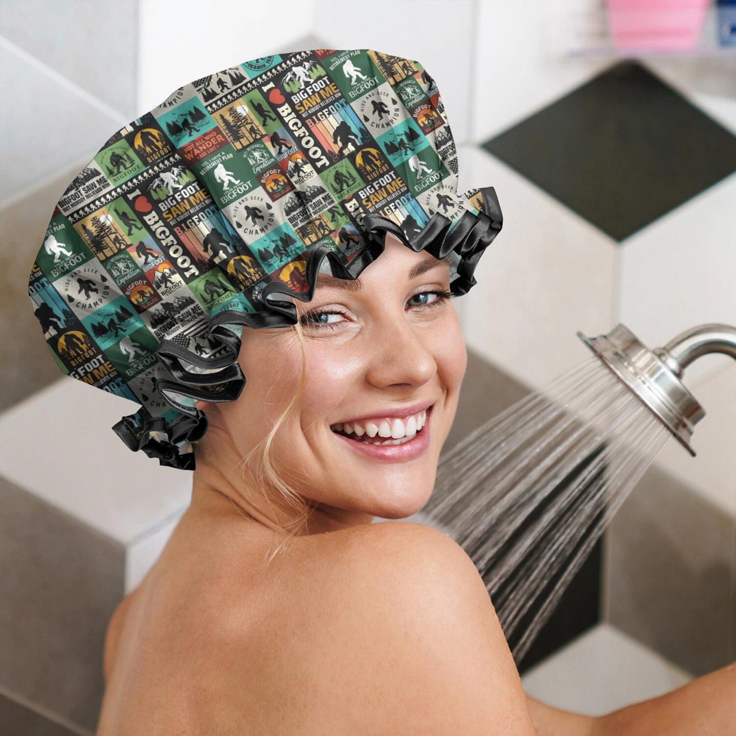 Shower Caps,Multicolor Bigfoot and Text Pattern Waterproof Shower Cap for Women 4 Pieces,Double Reusable Hair Cover for Shower PEVA Elastic Stretch Hem