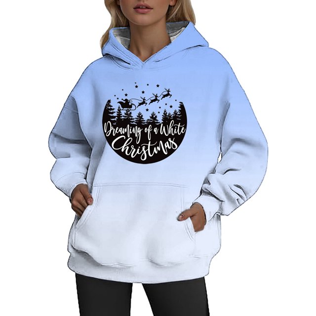 WEAIXIMIUNG Chandail en Molleton Graphique pour Femmes avec Capuche, Dégradé Imprimé Décontracté de Noël, Col Rond Ample, Manches Longues