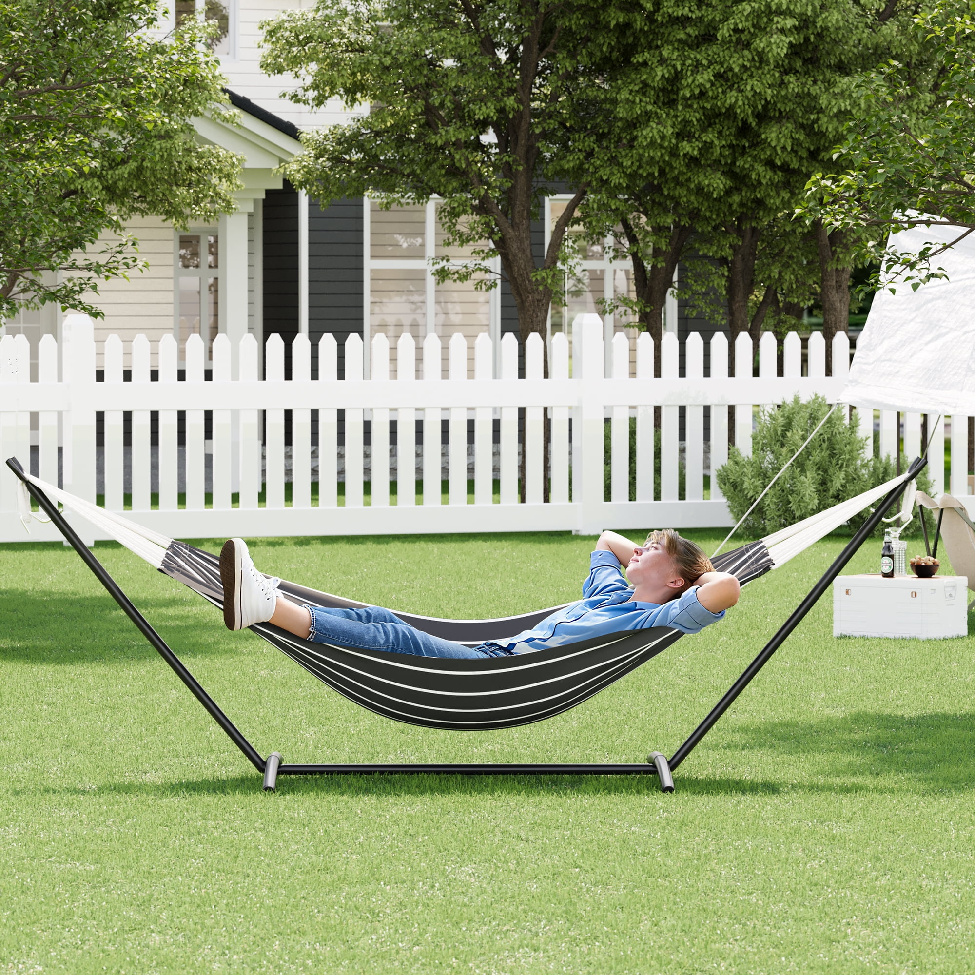 COZONY 2-Person Hammock with Steel Stand, 450lb Capacity, Portable Cotton Rope Bed, Carry Bag Included