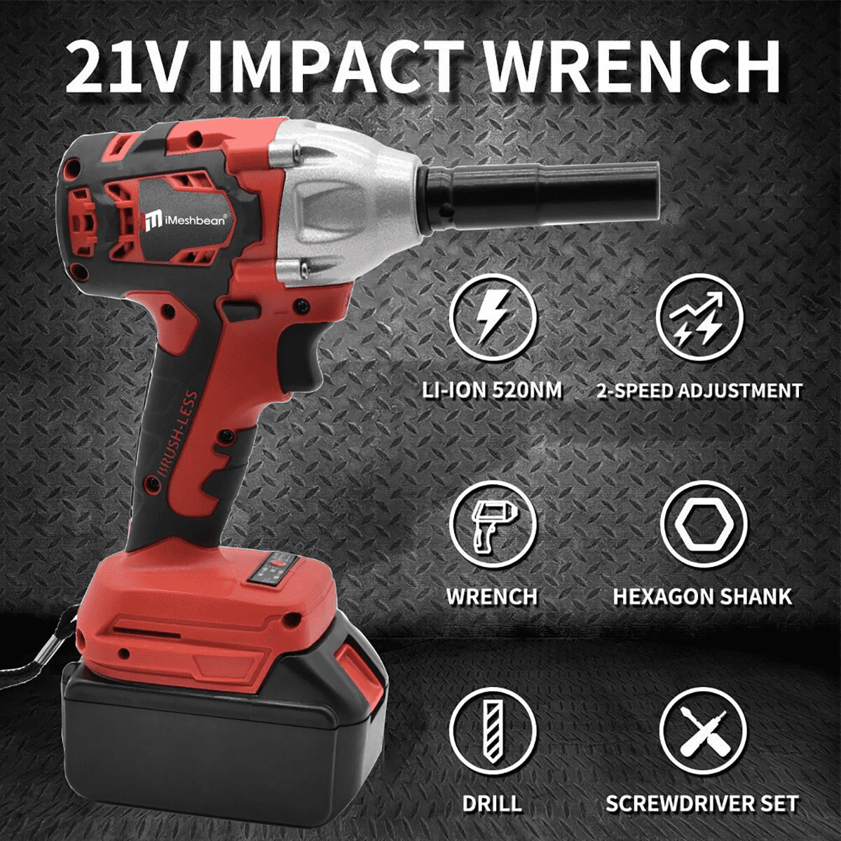 iMeshbean 600 N.m Cordless Electric Impact Wrench 1/2'' High Power Screwdriver Li-ion Battery