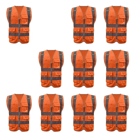 

Toptie 10 Packs High Visibility Safety Reflective Vest with 9 Pockets and Zipper Meets ANSI Standards-Orange-XXL