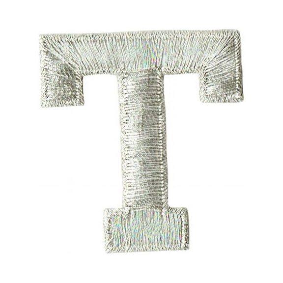 Alphabet Letter - T - Color Silver - 2" Block Style - Iron On Embroidered Applique Patch