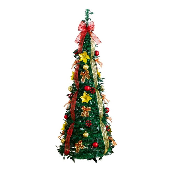 Nearly Natural 5ft. Pre-Lit Artificial Pop up Christmas Tree with Red & Gold Ornaments, Ribbons and 100 Warm White LED Lights