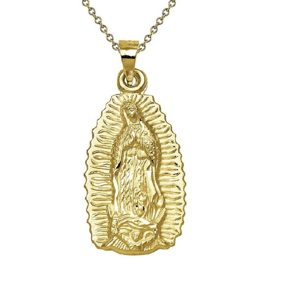 925 Sterling Silver Yellow Gold Plated 1mm Cable Chain Necklace w/ Our Lady Of Guadalupe Pendant Charm