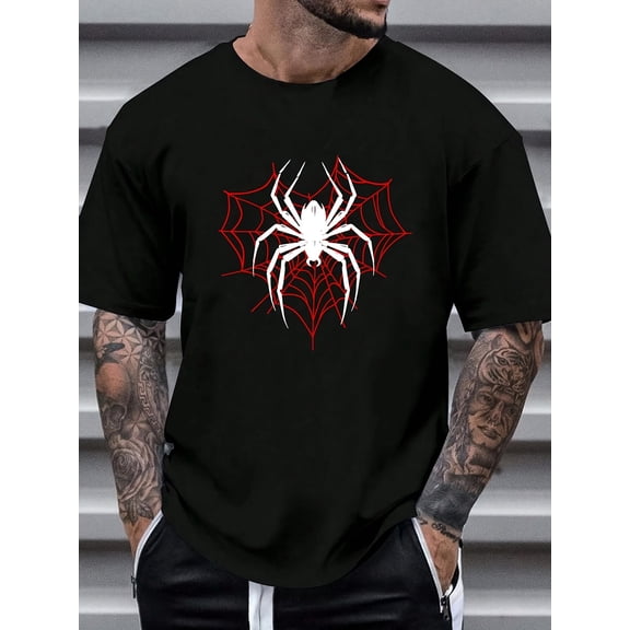 Men's 180g Heavyweight 100% Cotton T-Shirt with Red Spider Web & Black Spider Graphic Print - Casual Round Neck Short Sleeve Summer Tee for Halloween, Themed Events & Casual Attire
