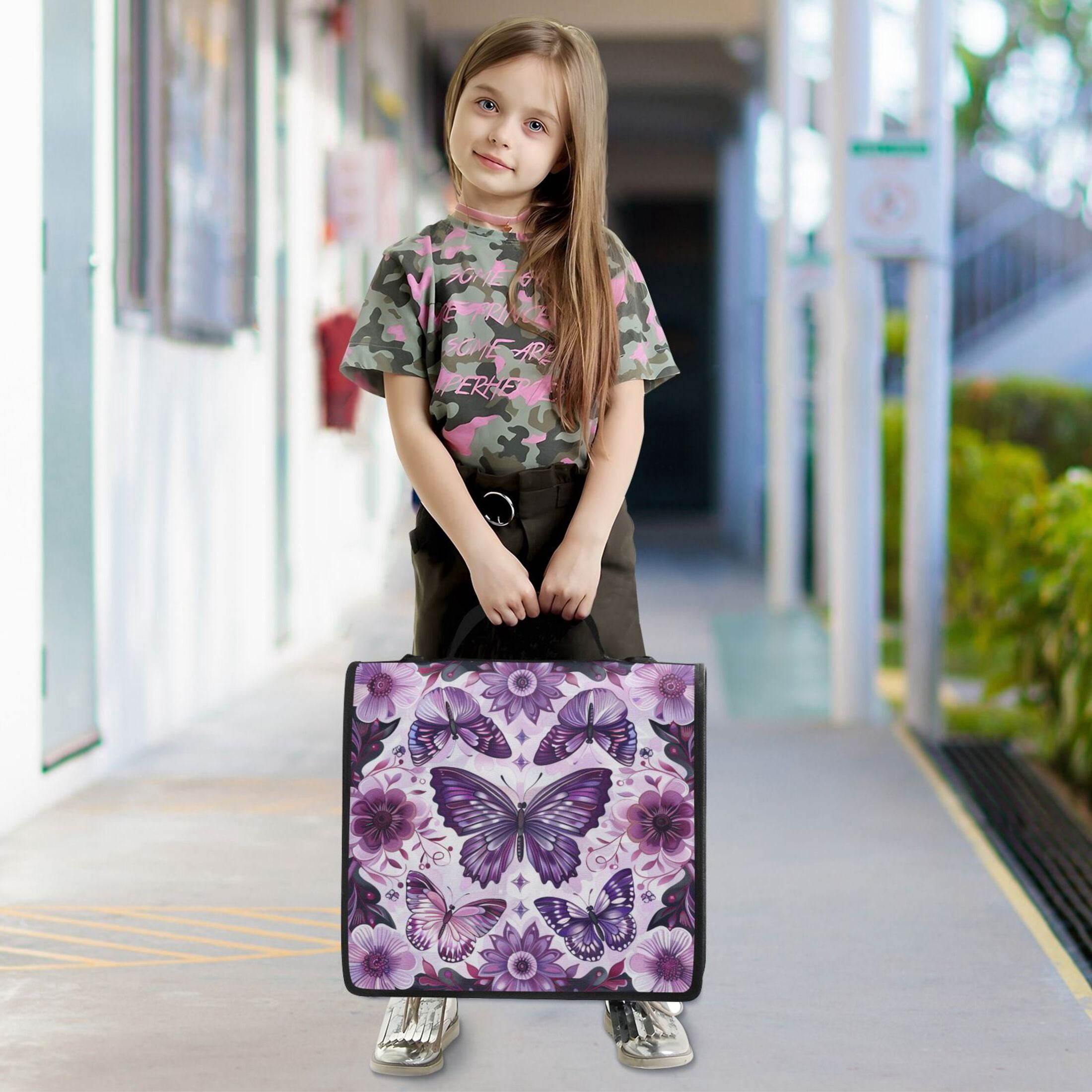 YAZAOO Zipper Binder trapper keeper Documents Organized Design Purple Blossoms and Butterflies Printed