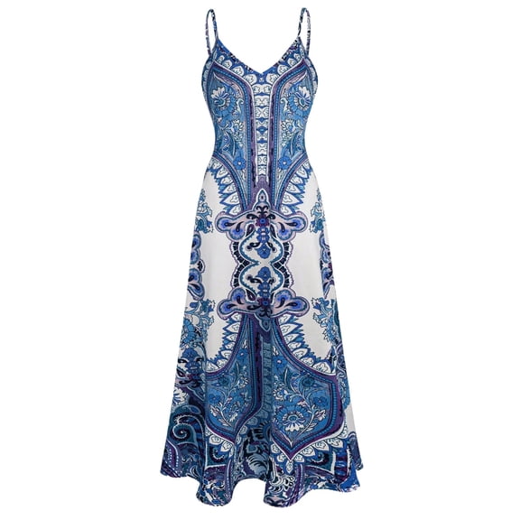 Women Boho Print Midi Dress Spaghetti Strap Summer Beach Vacation Casual Dress