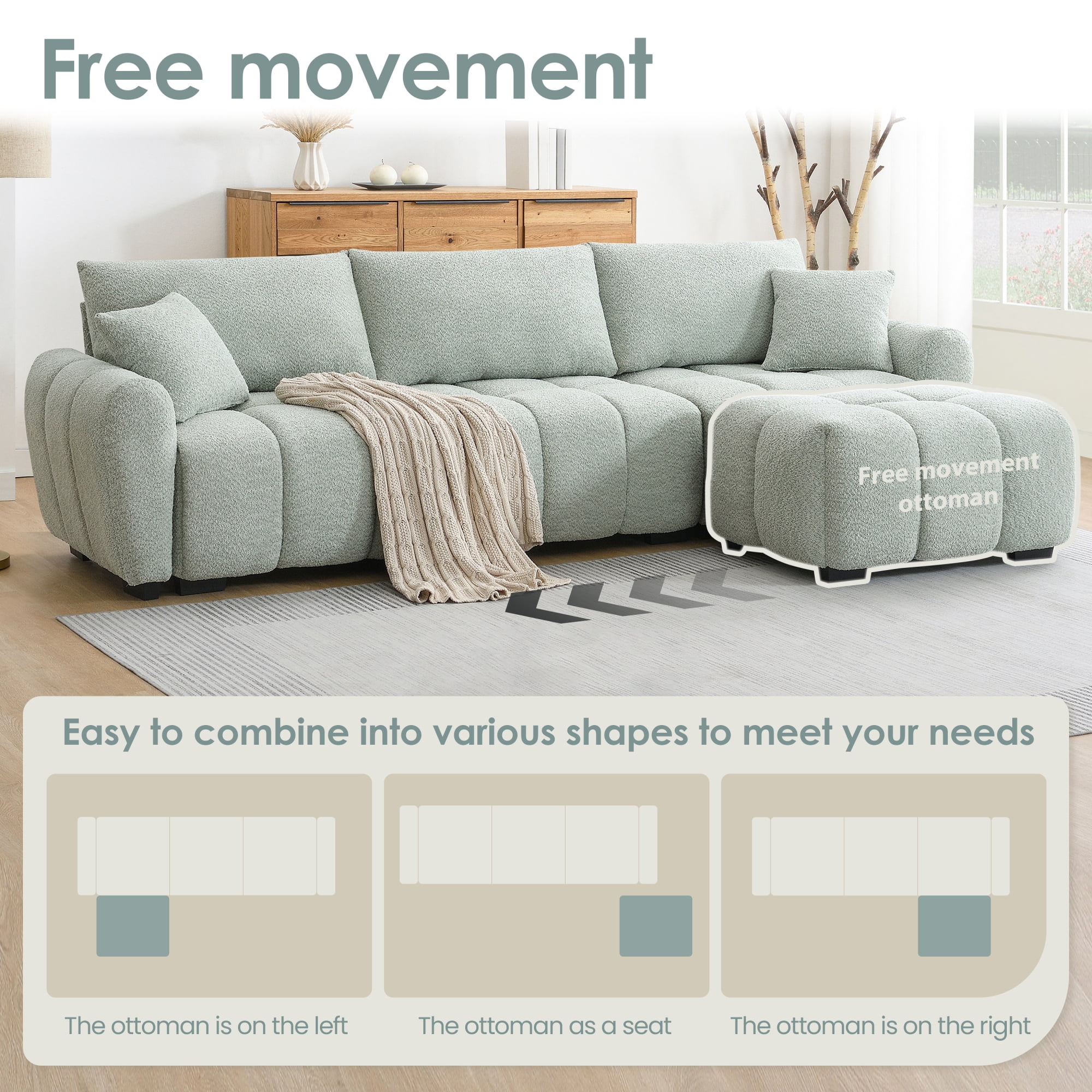 Sectional Sofa, Modular Sofa, L-Shape Couch, Boucle Sofa with Pull-Line Design and Movable Ottoman, Light Green