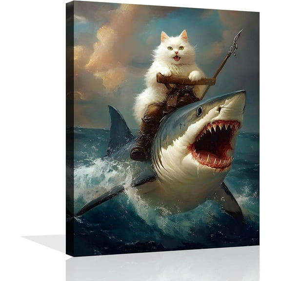 Aaheei Cat Shark Picture Funny Cat Canvas Wall Art Quirky Kitten Riding a Shark Painting Abstract Kitten Poster for Living Room Bedroom Wall Decor