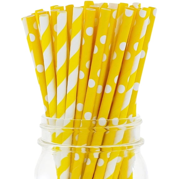 Party On Tap Yellow Straws - 50 Pack Of Lemonade Stand Supplies Or Lemonade Party Decorations - Yellow And White Straws