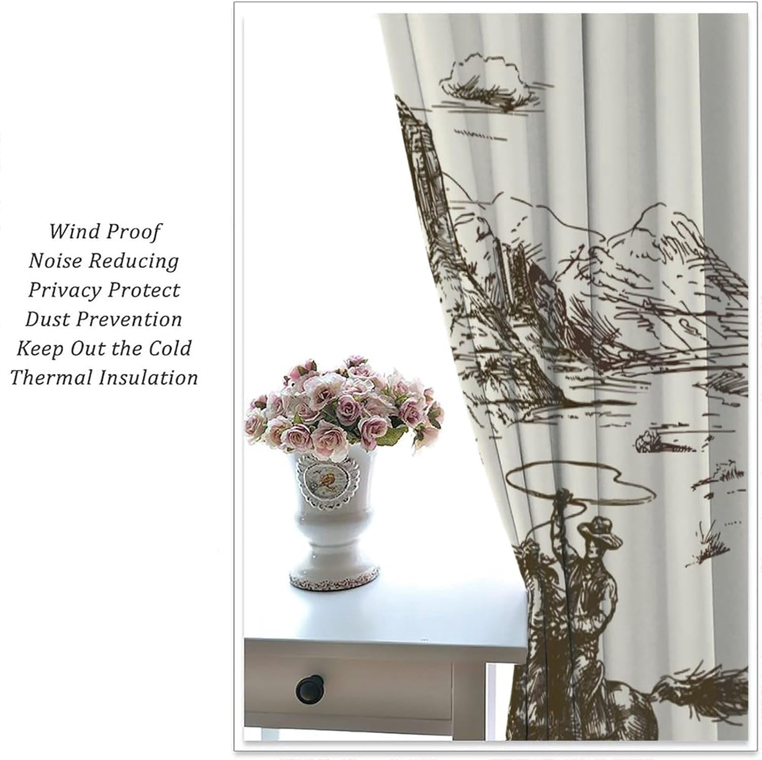Vintage American Wilderness Western Cowboy Blackout Curtains for Bedroom,Sketch Style Western Cowboy Cacti Room Darkening Window Curtains with Rod Pocket - 2 Panels 84" L x 42" W