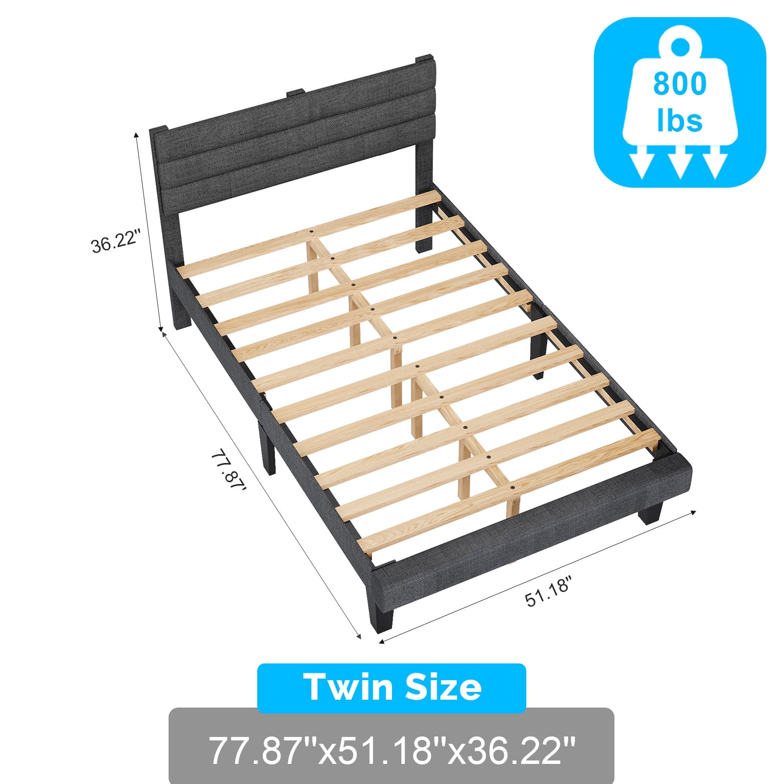Ktaxon Upholstered Twin Size Bed Frame, Platform Bed  with Headboard, Gray