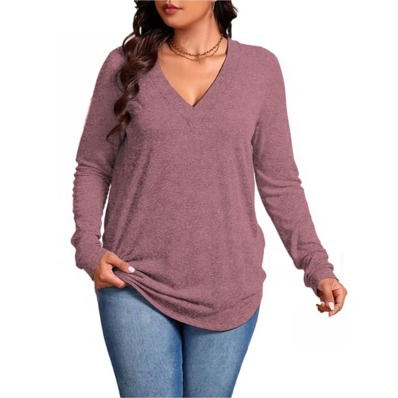 NISVIYA Plus Size Shirts for Women Dressy V Neck Tops Loose Fit Long Sleeve Tunics Elegant Blouse