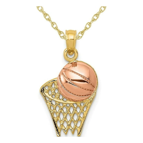 14K Yellow and Rose Gold Basketball & Hoop Pendant Necklace with Chain for Women