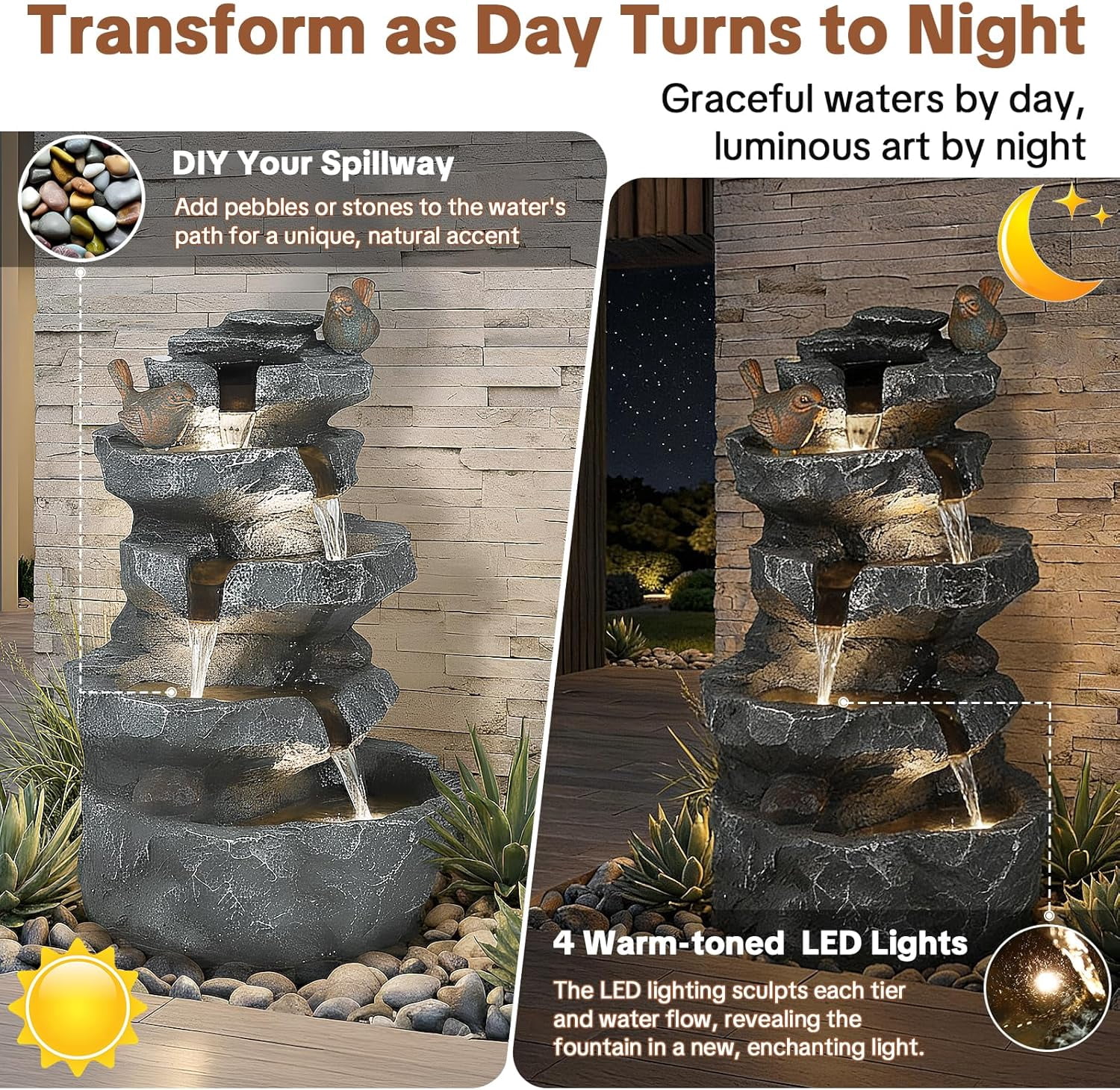 HOMEDIARY Outdoor Water Fountain, 22.3" H 5-Tier Cascading Waterfall Fountain with LED Lights & Adjustable Pump, Decorative Birds Water Feature with Natural Rock Finish for Patio, Backyard & Deck