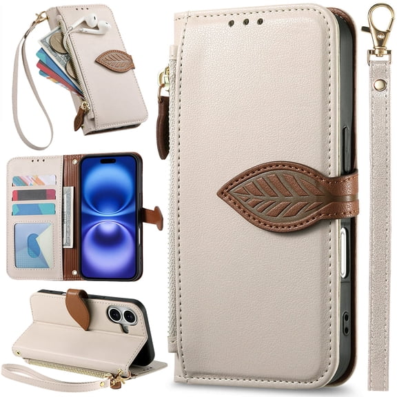 for iPhone 17 Pro Leather Case Zipper Wallet Color Block Handbag, Multi Card Holder Cash Slot, Magnetic Leaf Buckle, Leather Wrist Strap, Kickstand