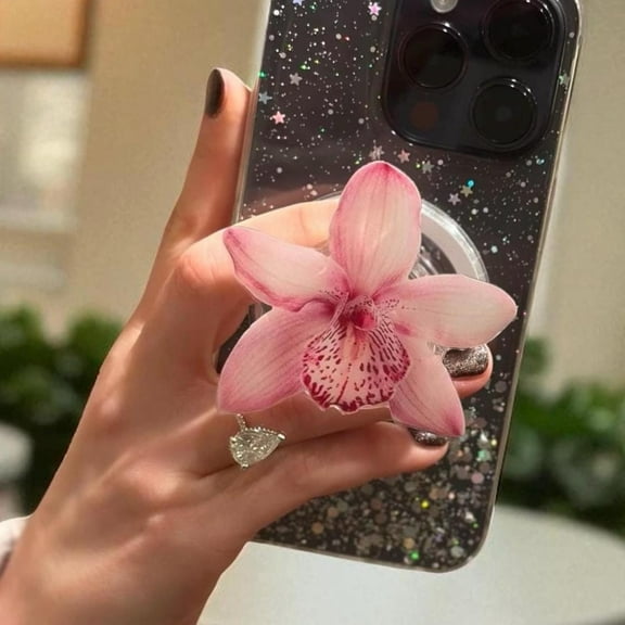 Pink Orchid MagSafe Phone Grip: Magnetic Floral Phone and E-Reader Holder