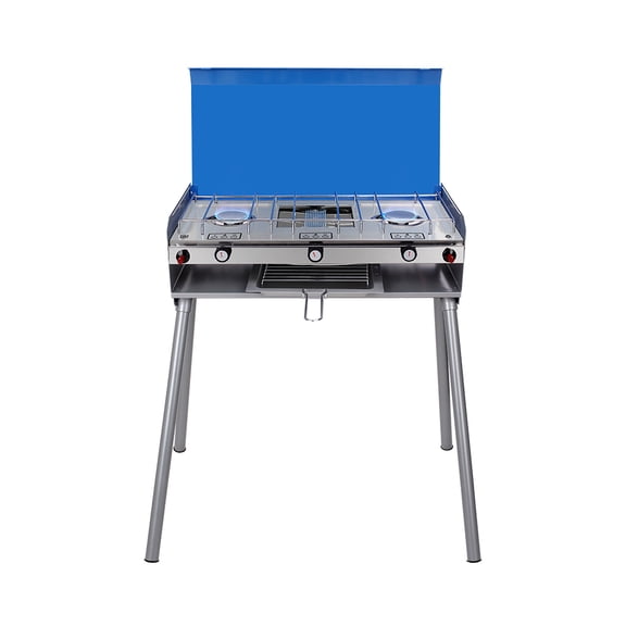 CAMPLUX Propane Camping Stove 2 Burner & 1 Grill, Portable Outdoor Gas Stove with Regulator, Auto-Ignition