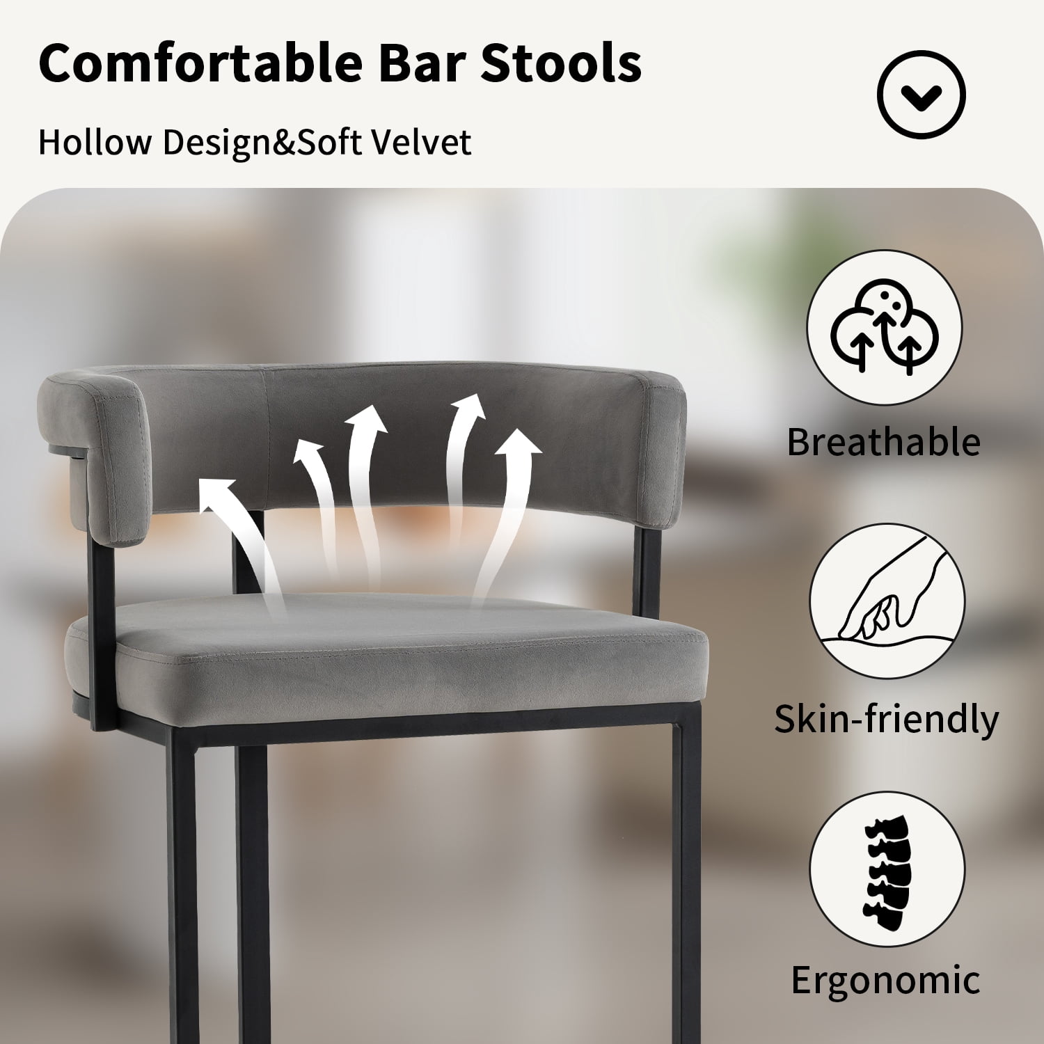 Rongbuk Set of 2 Modern Velvet Bar Stools with Barrel Backrest, 25.6 inch Velvet Counter Height Stool, Sherpa Upholstered Kitchen Island Chair, Ideal for Counters, Home Bars and Kitchen Islands