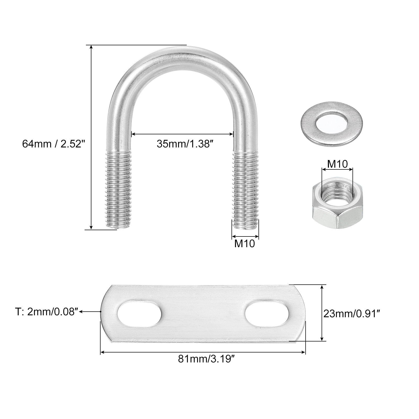 Round U-Bolts, 6 Sets 33mm(1.3") Inner Width 64mm Length M10 304 Stainless Steel U Clamp Bolt with Nuts and Plates