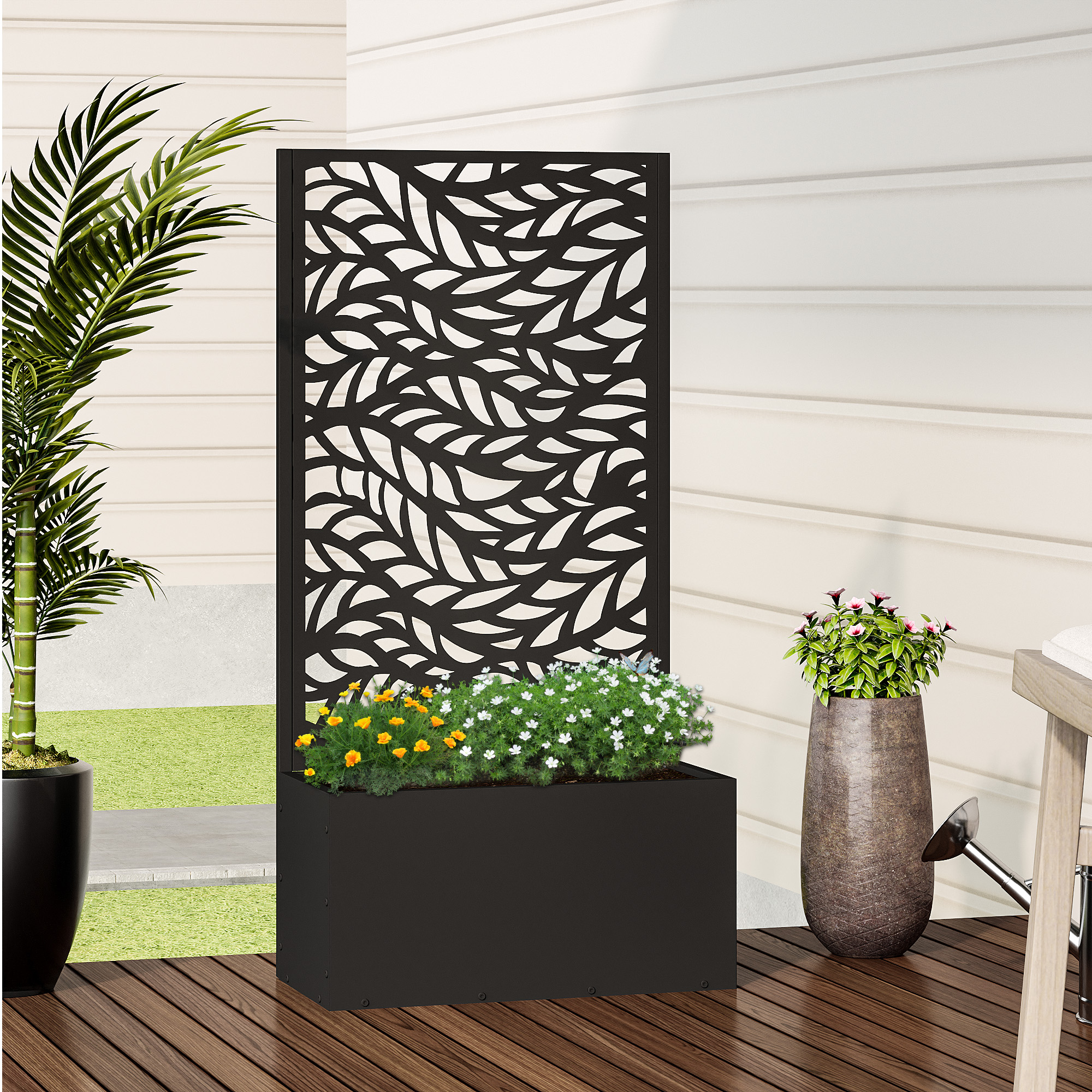 MAYEERTY Outdoor Black Metal Planter Box with Trellis for Climbing Plants, Raised Garden Bed, Flowing Leaf Pattern,24×11×47"