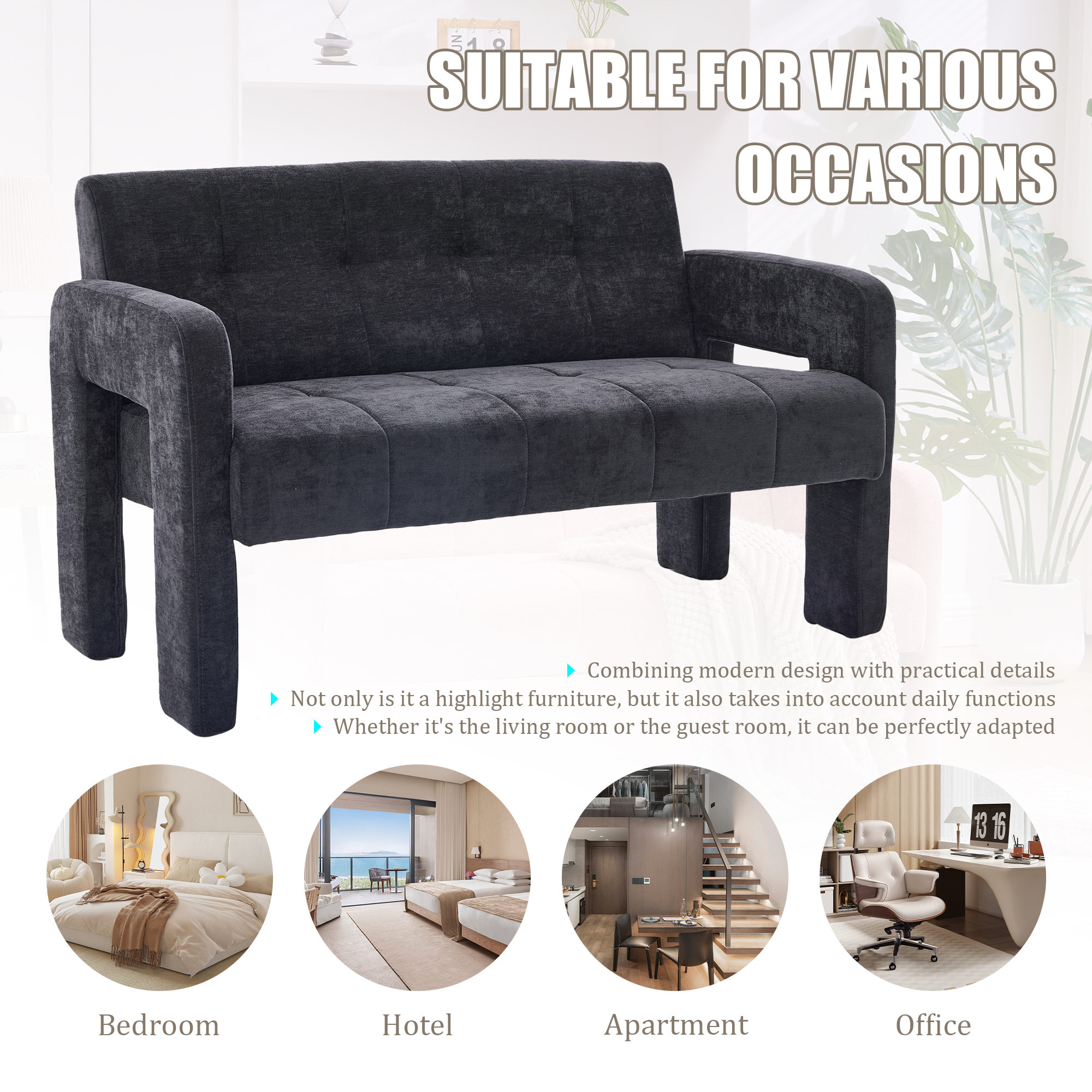 MOONMISS Chenille Upholstered Tufted Comfortable Wood Frame Loveseats Sofa with Dual Armrests-Black
