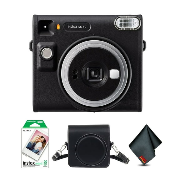 Fujifilm Instax Square SQ40 Instant Camera Black Bundle With Fuji Instax Film Value Pack (20 Sheets)   Vintage Style Compatible Carrying Case   Microfiber Cleaning Cloth