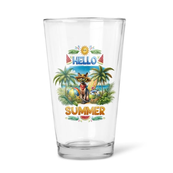 Sphynx Hello Summer with Sunglasses and Surfboard Tropical Vibes 16oz Pint Beer Glass Mug Cat Lover Kitten Owner Gifts Idea Beer Glasses Cup - 00007