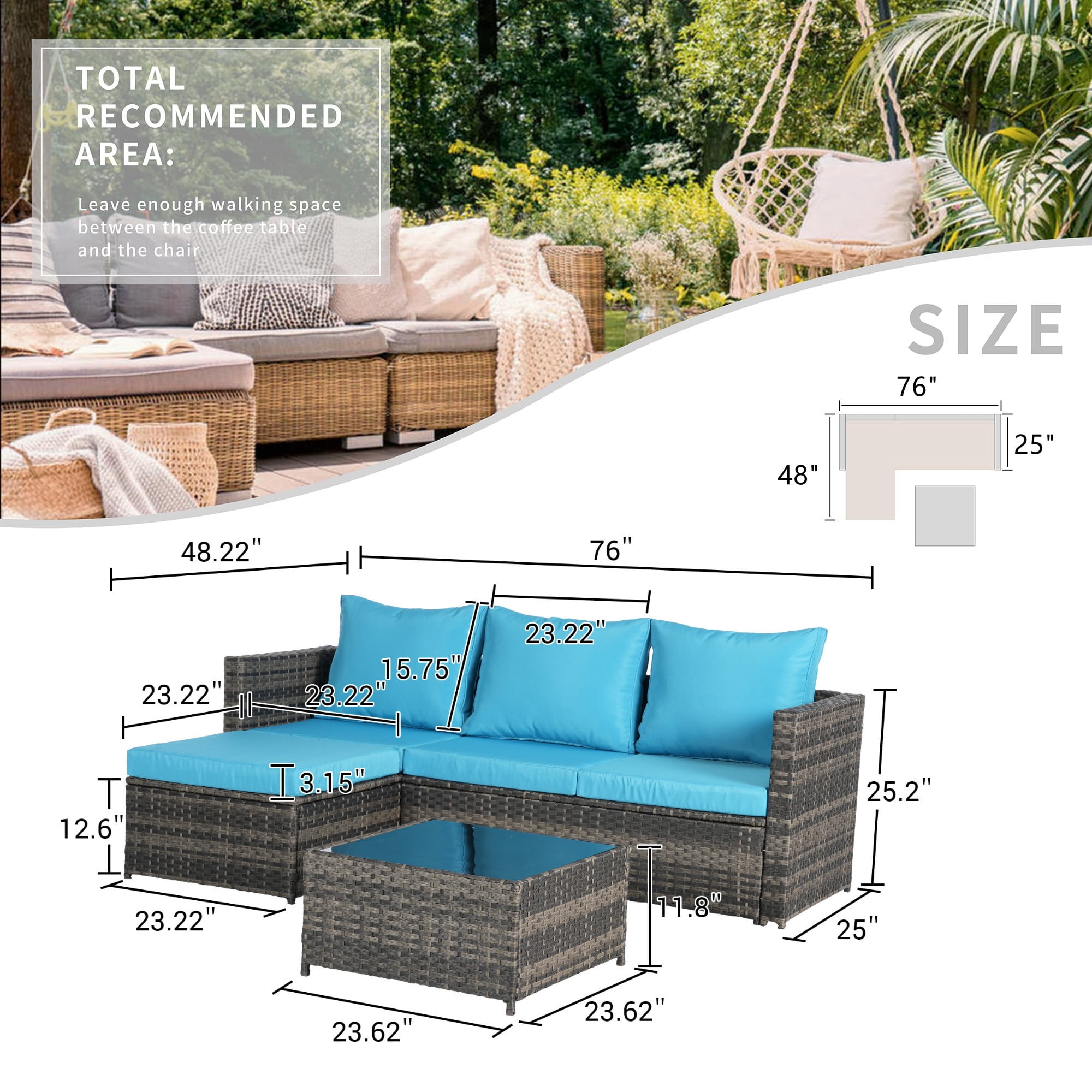 Aukfa Outdoor Patio Furniture Set - L shape Wicker Sectional Sofa with Coffee Table - Light Blue Cushions