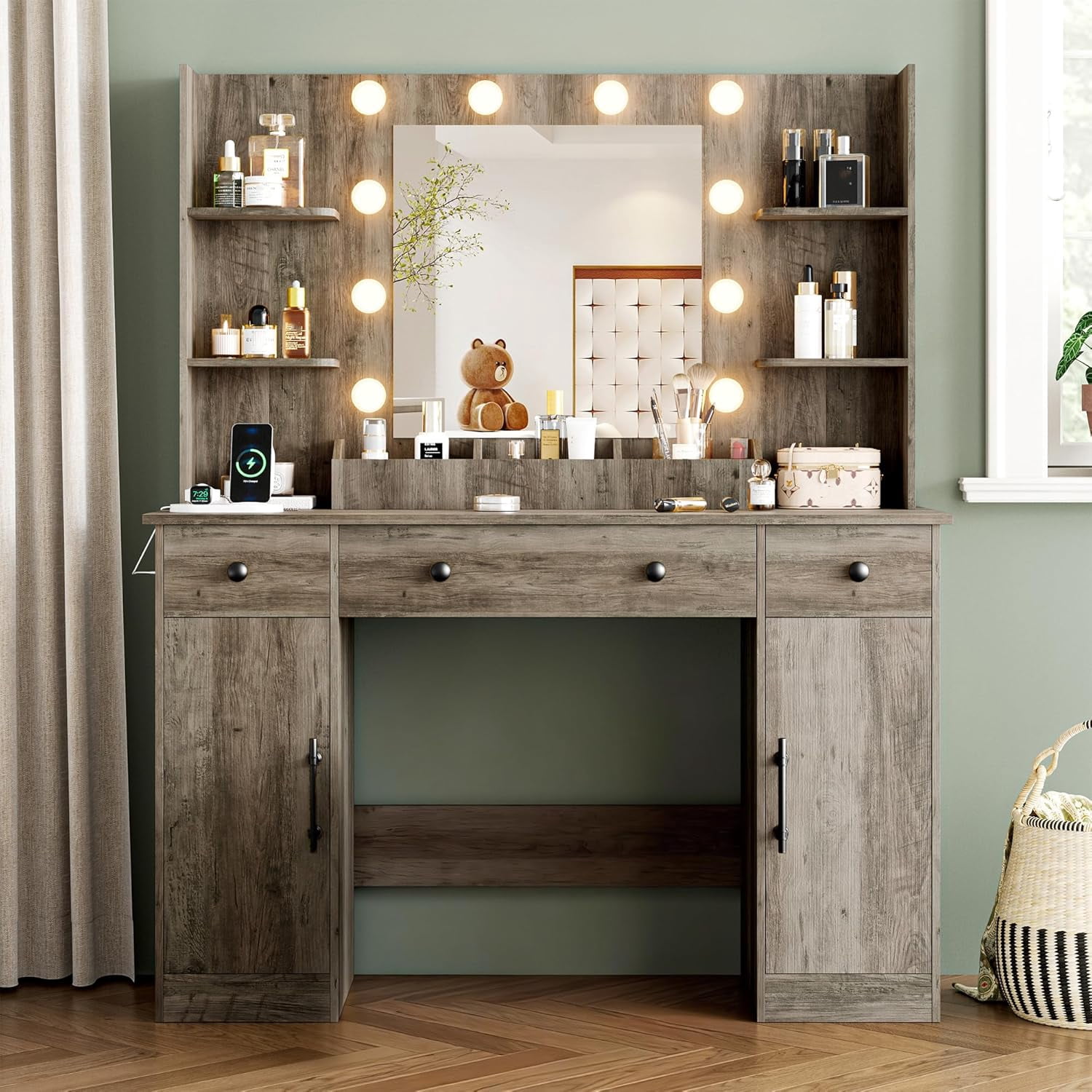 FANRAL 43'' Vanity Desk with 10 LED Lights,Under-Table RGB Strip & Built-in Power Station,Multi-Storage Makeup Table for Bedroom Bathroom Grooming,Gray Vanity