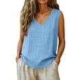 thumbnail image 5 of Women's Cotton Linen Tank Top, V Neck Sleeveless Casual Blouse with Chest Pocket, Oversized Breathable Top for Women, Beach Wear, Daily Casual Outfits and Layering Essential-Sky Blue, 5 of 5