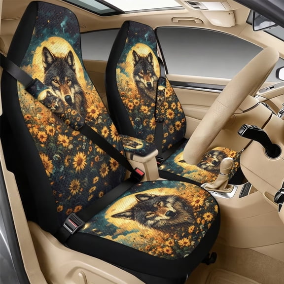 Xixirimido Car Seat Covers Front Seats Only with Belt Covers Armrest Box Cover 5Pcs Set for SUV Sedan Van Truck PU Leather Seat Protector Automotive Accessories, Wolf Sunflower Moon Starry Night