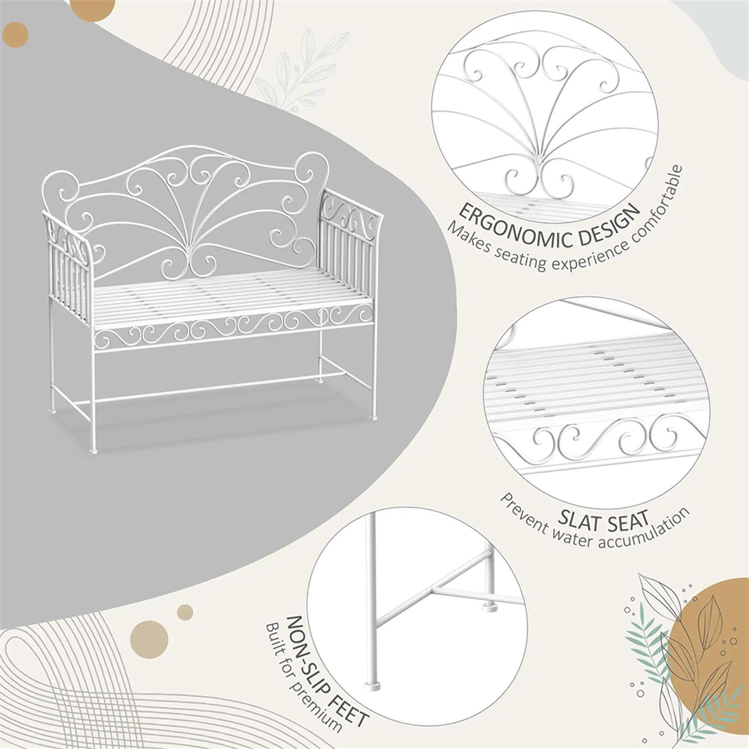 Demi Bonn 43" Patio Garden Bench Metal Park Bench, Outdoor Benches Furniture with Armrests for Patio, Park, Lawn, Yard, White