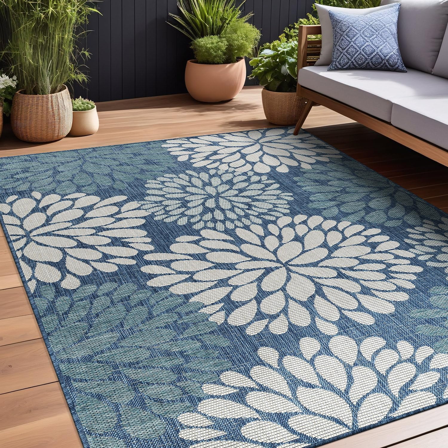 Beverly Rug Indoor/Outdoor Area Rugs,Modern Floral Patio Porch Garden Carpet, Blue/Turquoise, 5'x7'