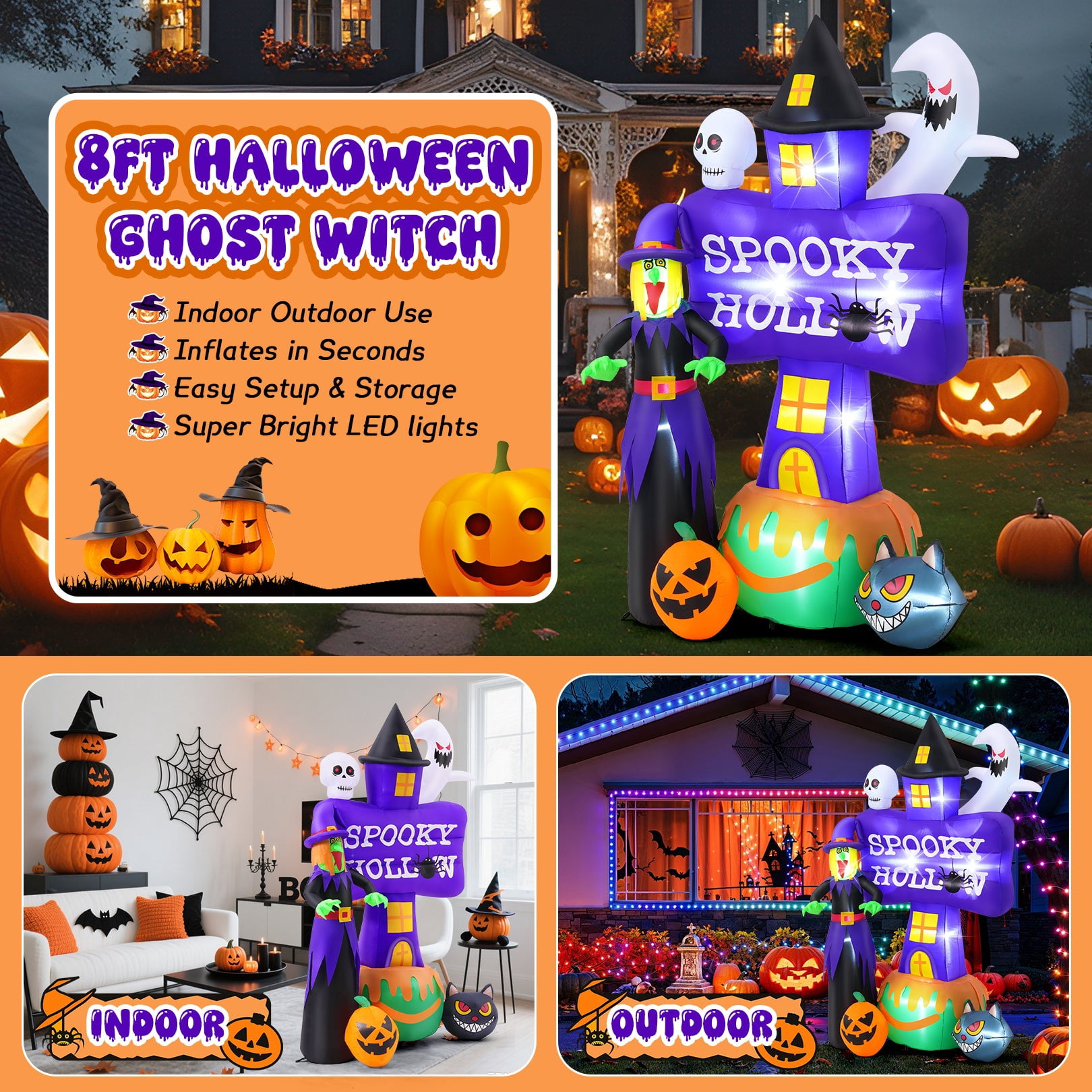 Funcid 8FT Halloween Inflatable Witch Decoration with LED Lights - Outdoor Blow Up Halloween Decor with Ghost & Tombstones for Yard