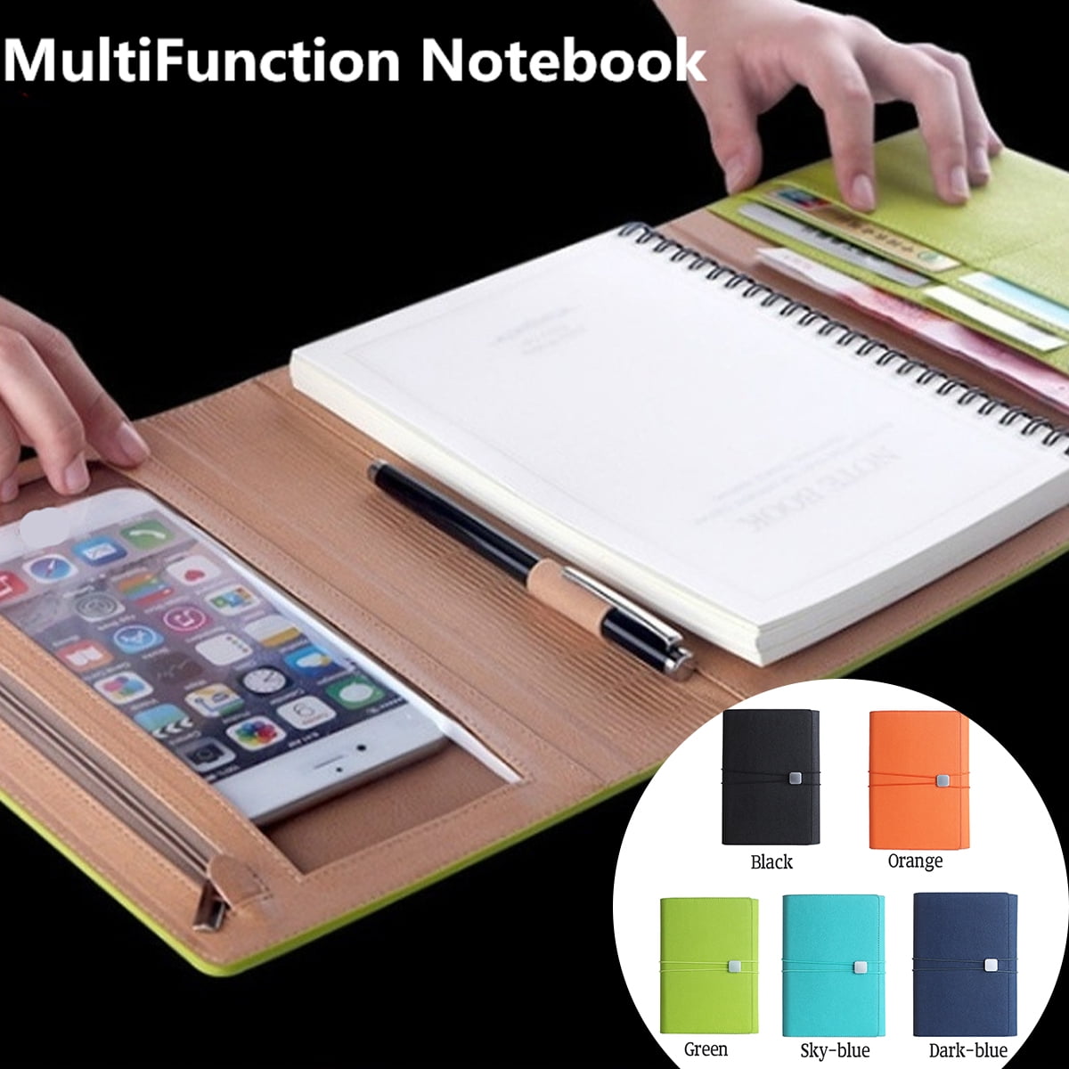 A5 Retro Notebook Looseleaf with Card Slot, Phone Storage Bag Notepad