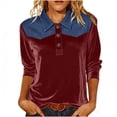 thumbnail image 2 of QATAINLAV 3/4 Length Sleeve Womens Tops Dressy Denim Patchwork Velvet Blouses Loose Lapel Collar Polos Shirts Business Casual Outfits Wine S, 2 of 8