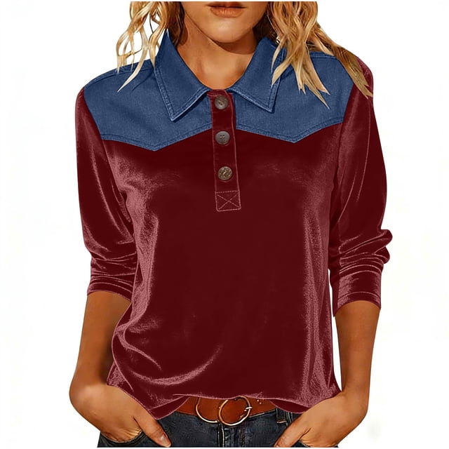 TaTaai Ladies Gold Velvet Denim Spliced Slim Fit Top Three Quarter Sleeve Pullover Blouse Soft Warm Casual Fashion Top For Women Daily Office Holiday Outfits Gift
