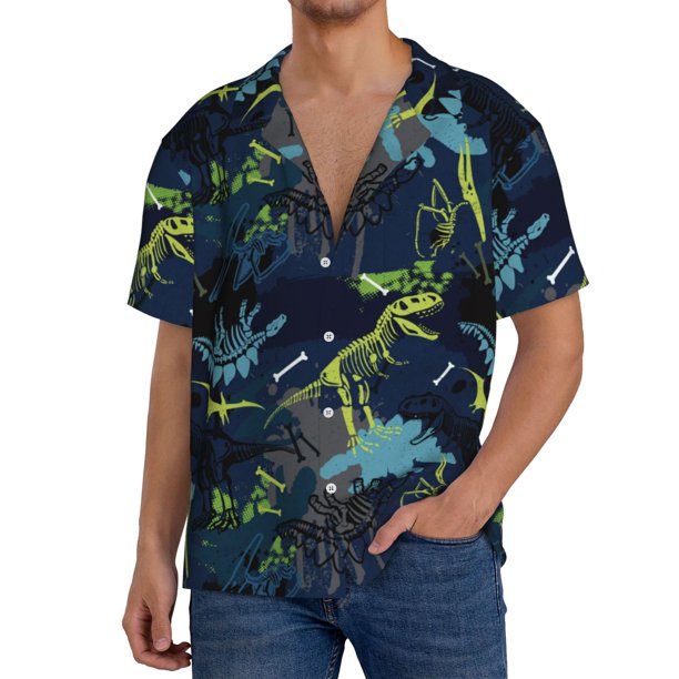 Balery Cartoon Dinosaur Camisa Casual de Manga Corta con Botones para Hombre, Texturizada, Estilo Cubano, para Playa, Verano-Large
