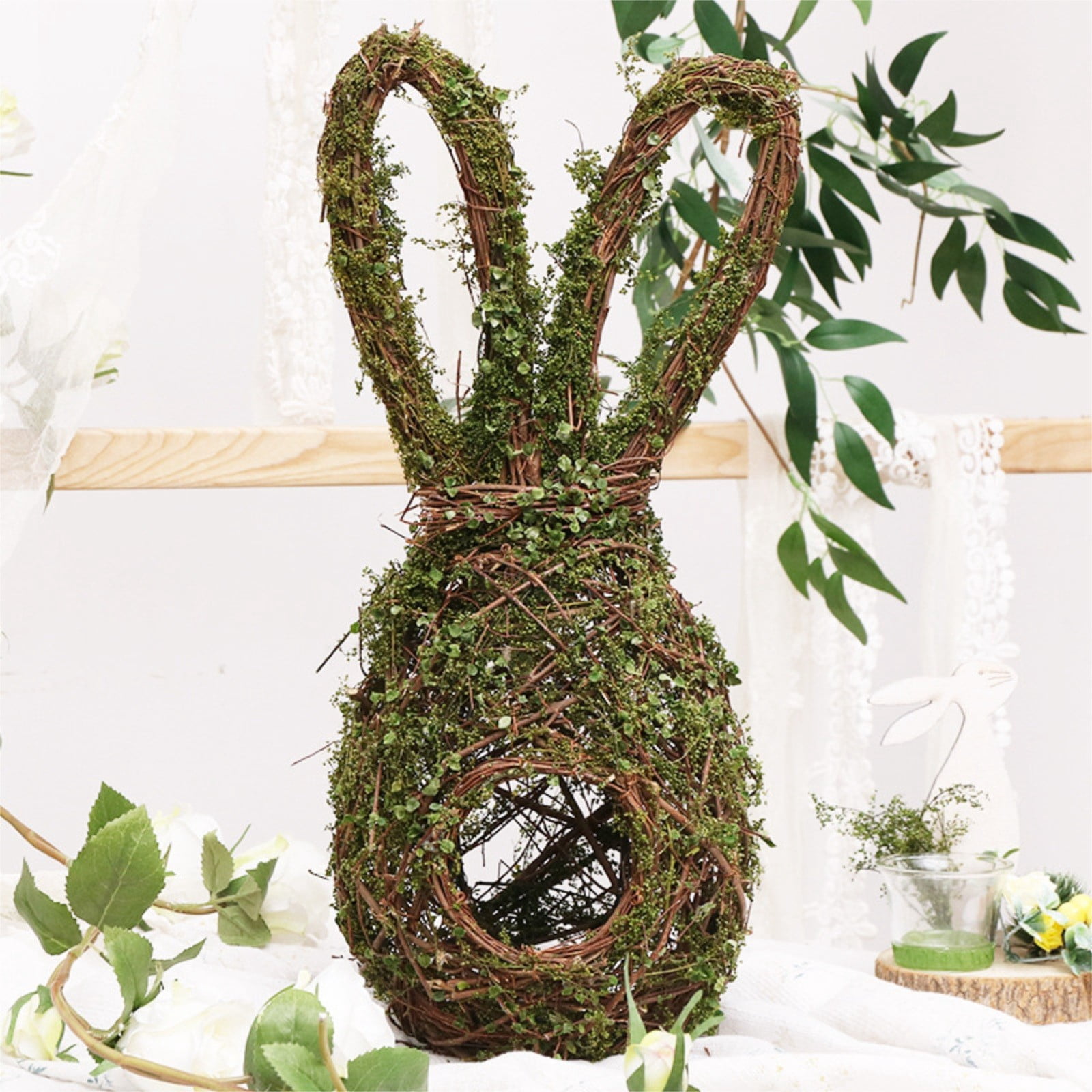 Cadancy Birds Nests Grapevine Wreath form with Faux Moss, Natural Vine Base Decorative Bunny Shaped Farmhouse Hanger, Spring Outdoor Home Garden Yard Tree Decoration
