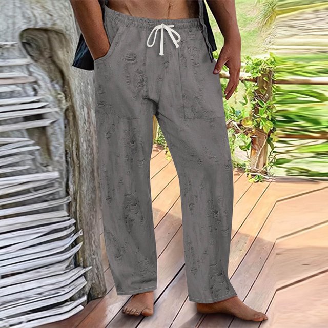Pantalones largos para hombre, de color liso, desgastados, con cordón ajustable, holgados, para exteriores, de poliéster