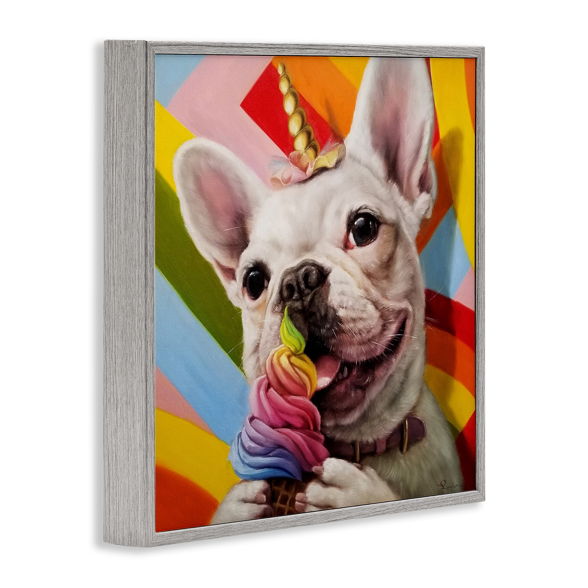 Stupell Industries Rainbow French Bulldog Ice Cream Animals & Insects Painting Gray Framed Art Print Wall Art, 24 x 24