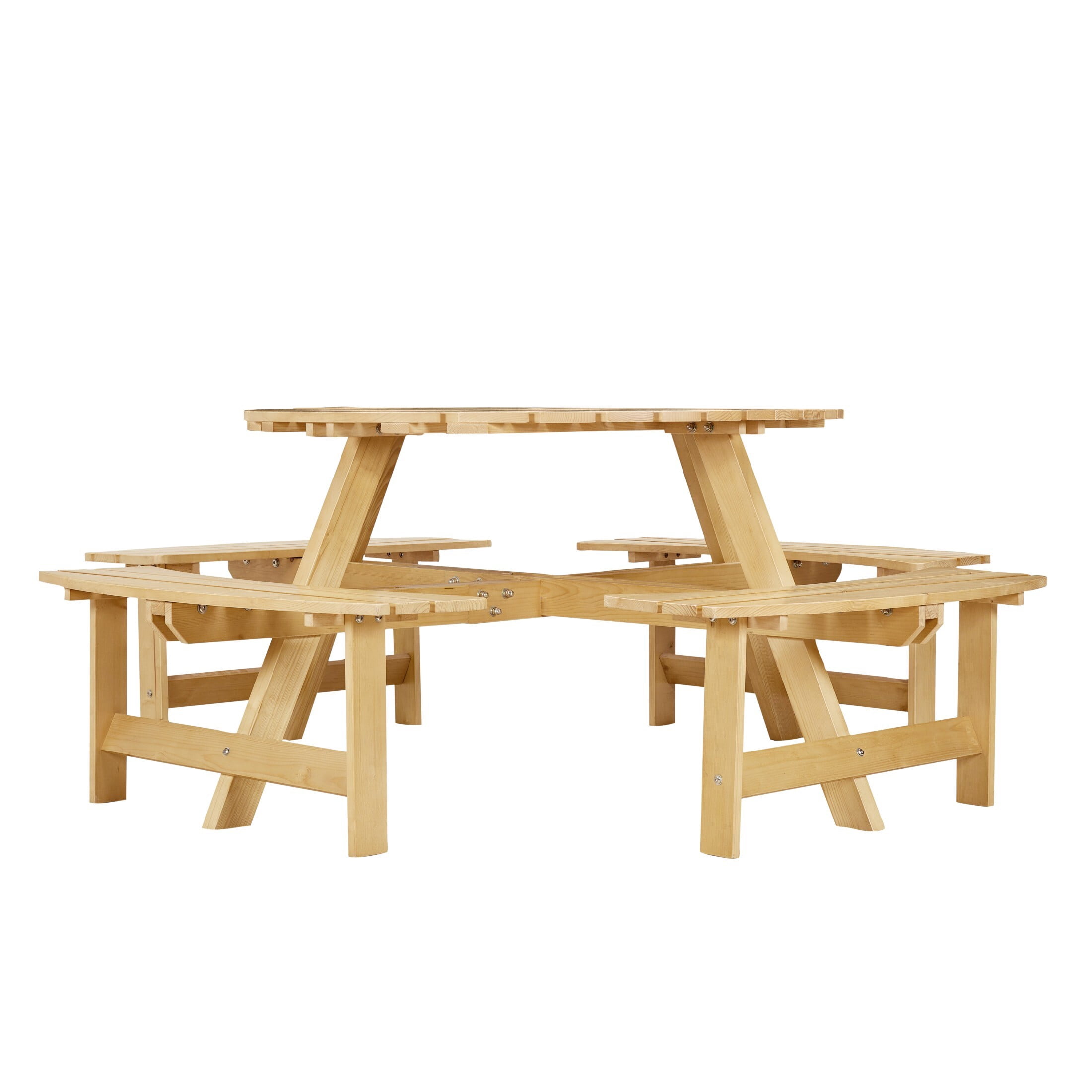 DEALTOPS 8 Person Wood Picnic Table with 4 Built-in Benches, Outdoor Round Table and Bench Set with Umbrella Hole for Park, Natural Wood