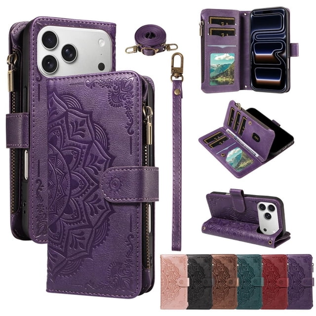 For iPhone 17 Pro Max Wallet Case, 9 Card Slots RFID Blocking Crossbody Leather Cover, Zipper Pocket, Detachable Wrist & Shoulder Strap, Magnetic Shockproof Protective Phone Case for Women,Purple