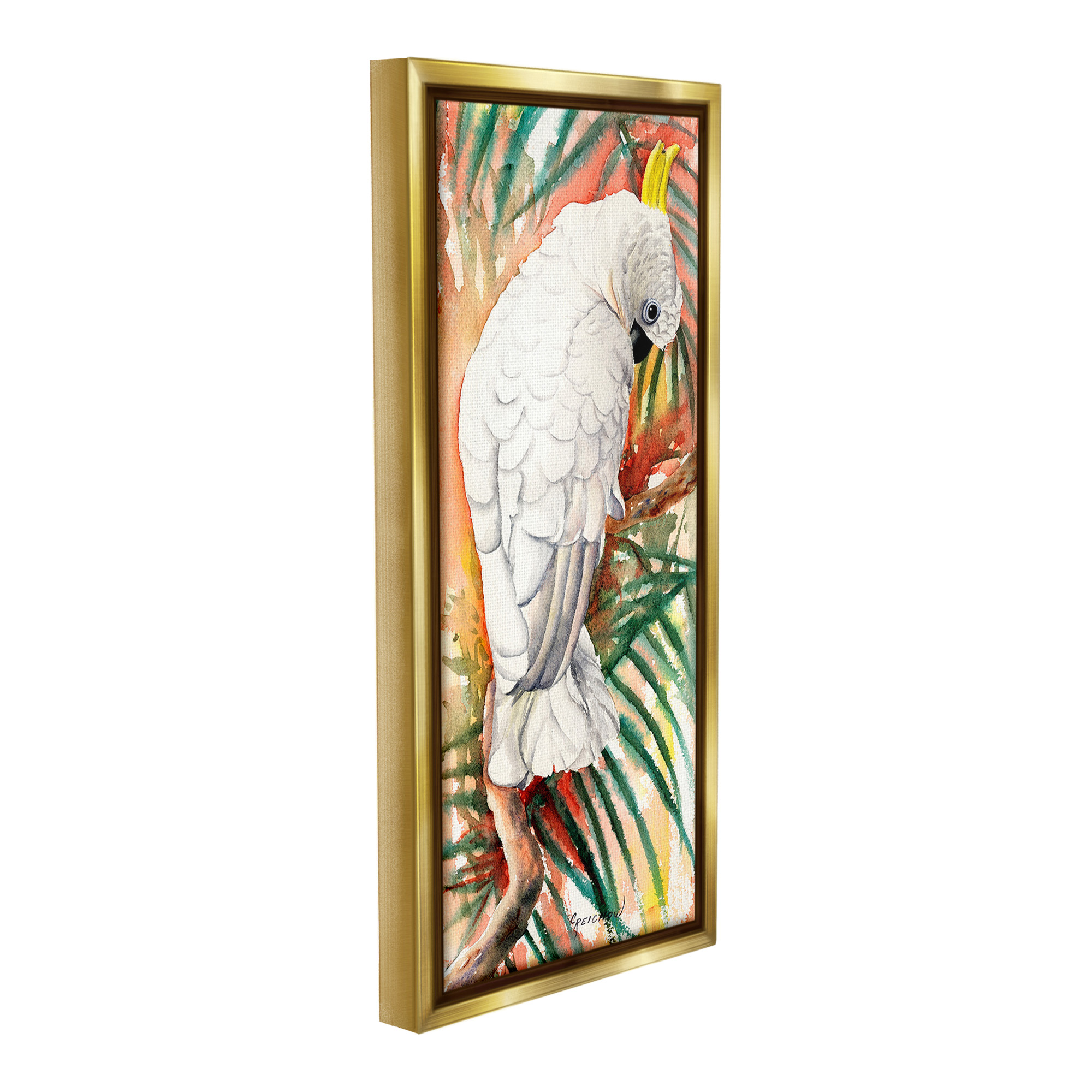 Stupell Industries Cockatoo & Vivid Branches Animals & Insects Painting Gold Floater Framed Canvas Art Print Wall Art, 14 x 31