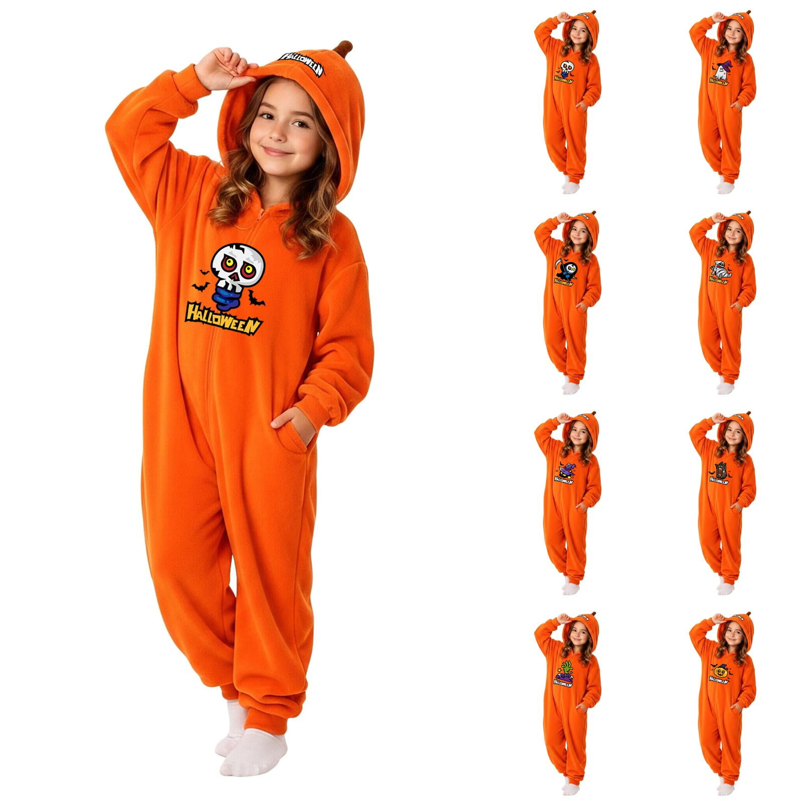 Halloween Pajamas for Girls Flannel Pumpkin Onesie Kids Hooded Costume Cute Ghost Print Cozy Jumpsuit Gift Gold 150