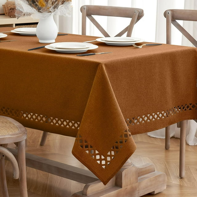 Natural Thick Polyester Square Tablecloth with Decorative Cutouts Stain Table Cloth Farmhouse Table Cover for Thanksgiving Dining Party Camping x