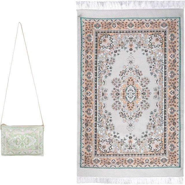 Muslim Prayer Rug Set with Beads and Bag, Elegant Ramadan Prayer Rug, 27.5x43.3 Inch Green