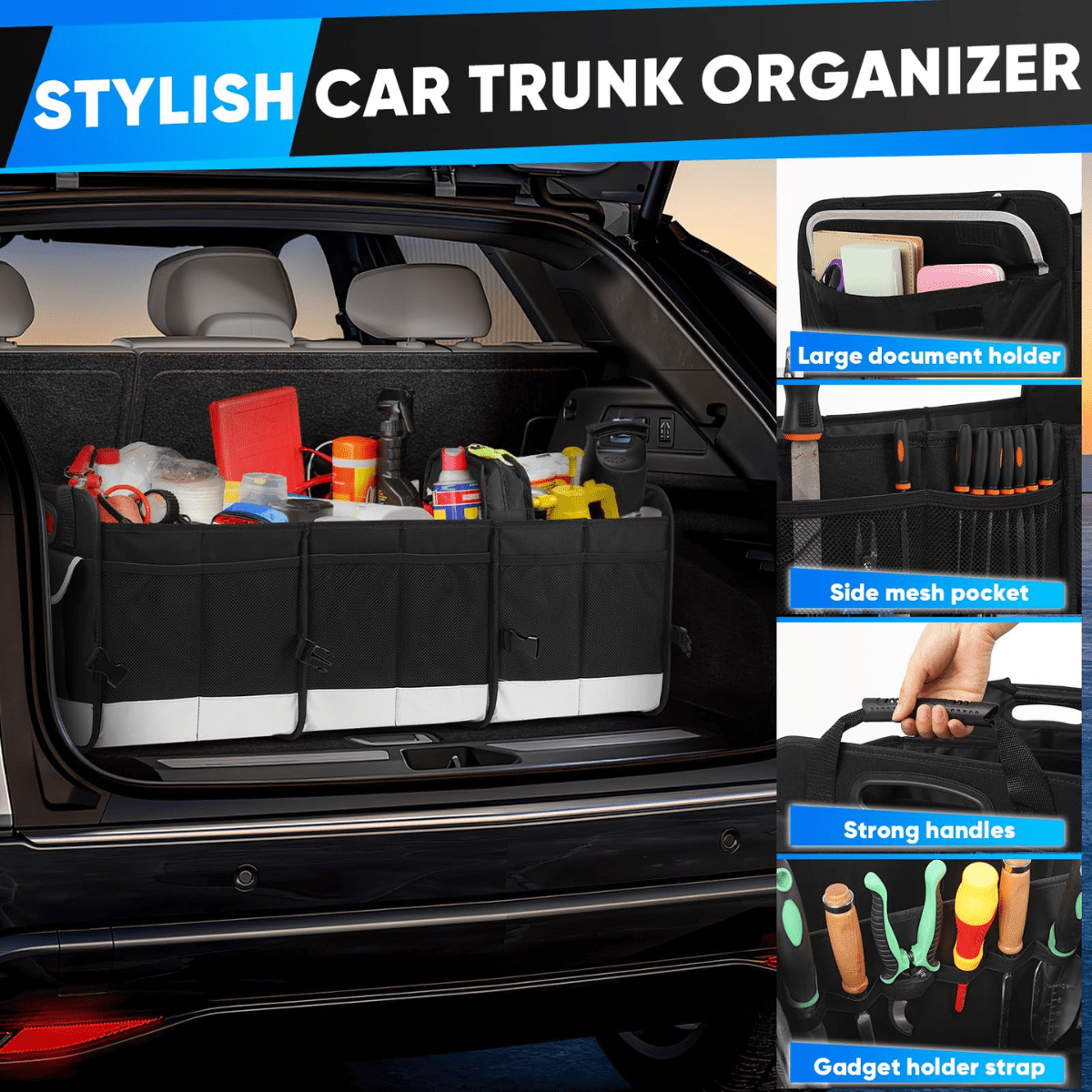 DUANJY Large Car Trunk Organizer with 5 Compartments Trunk Organizers and Storage, Reinforced Handle, Securing Straps, Trunk Organizer Available for Car, SUV, Minivan