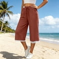 thumbnail image 6 of vigerkar Women's Linen Culottes Wide Leg Flowy Capri Pants Palazzo Casual Drawstring Summer Loose Lace Capris with Pockets (Brick Red, M), 6 of 7